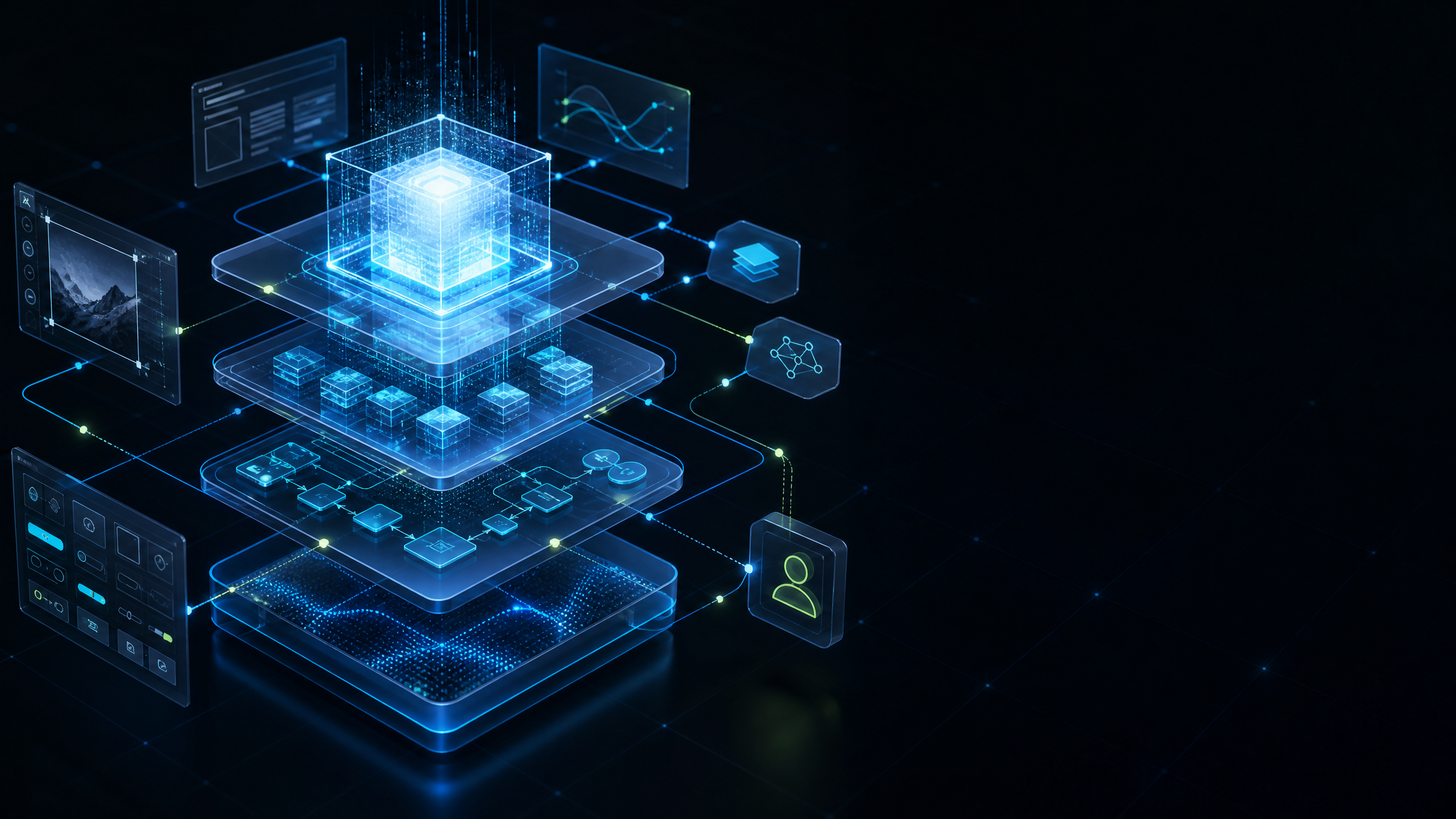Abstract layered intelligence core connected to reusable AI workflow modules